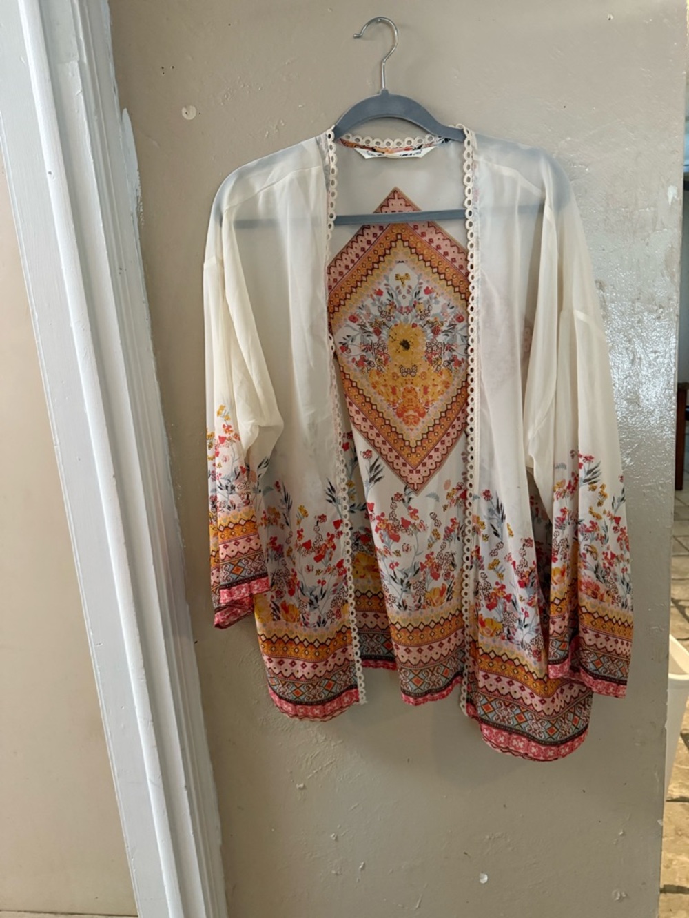 Floral Boho Open-Front Kimono Jacket - Cream with Multicolor Print